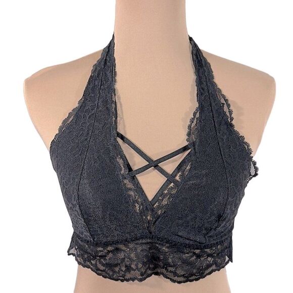 VS PINK  Size Medium Halter Bralette Black Lace - Picture 1 of 11